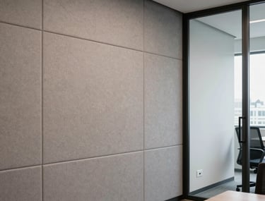 Clean photo of a modern office meeting room with soundproofing drywall panels and a large glass door. Professional Brazilian corporate setting.