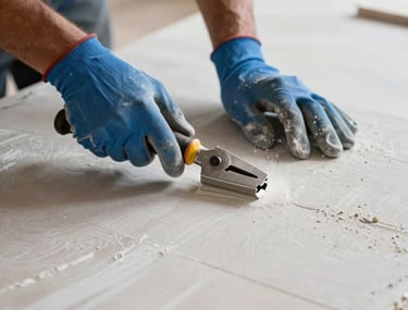 Detailed shot of a plasterboard surface being polished to perfection. Brazilian construction worker's hands, specialized tools, steel blue work gloves.