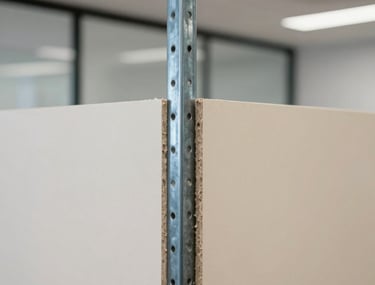 Close-up photography of a professional drywall edge finish in a modern South American commercial office. The steel blue metal studs are visible behind a partially installed cream-colored board. Sharp focus, professional lighting.
