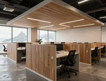 Wide shot of a completed office space in Rio de Janeiro with industrial ceilings and drywall partitions. Modern professional environment.