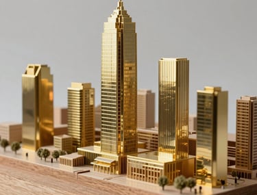 Close-up of a high-end architectural model made of wood and gold-colored metal, reflecting a sophisticated South American urban project under sharp studio lighting.