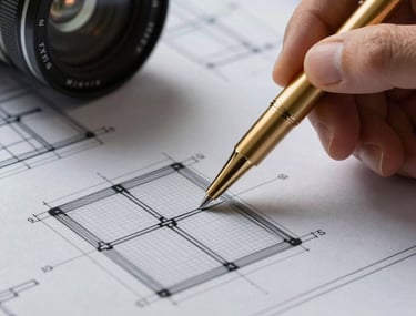 Close-up shot of a structural blueprint being pointed at with a golden pen on a graphite grey surface.