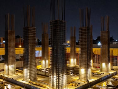 Dramatic photograph of a massive foundation pour at night with golden artificial lights illuminating the wet concrete and steel reinforcements.