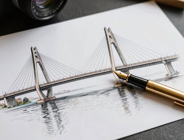Architectural sketch on a dark desk with a golden fountain pen and a scale model of a bridge, reflecting a luxury design process.