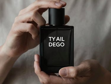 An editorial fashion shot of a model's hands holding a black minimalist perfume bottle. High contrast lighting, desaturated tones, sharp focus on the typography.