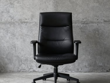A minimalist workspace featuring a high-end designer chair in black leather against a grey concrete wall. Perfect lighting and industrial symmetry.