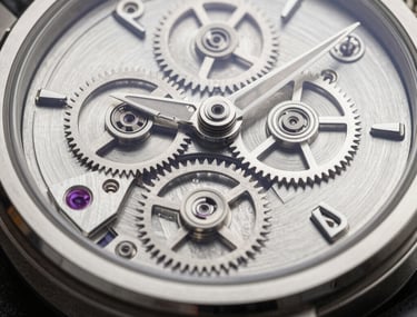 A macro, desaturated close-up of a high-end luxury watch movement. Polished brushed silver surfaces and intricate gears. Industrial design precision. Studio lighting with deep, controlled shadows.