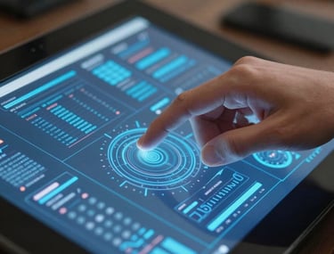 Focused shot of a professional hand interacting with a high-resolution touch interface displaying vibrant blue data visualizations. North American setting.
