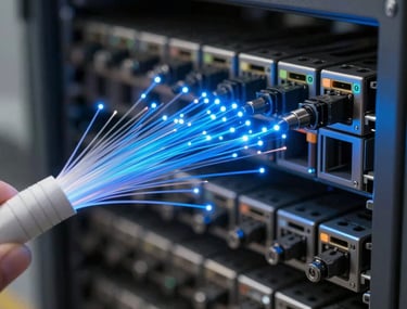Micro-photography of a high-speed fiber optic cable glowing with vibrant blue data pulses in a North American / US network hub.