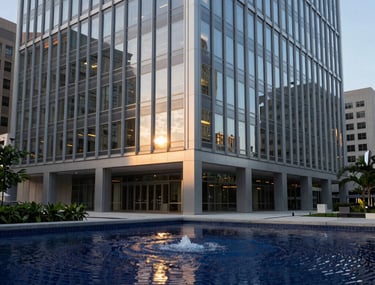 Clean, structured composition of a modern glass-and-steel North American office building reflected in a navy blue fountain at dawn.
