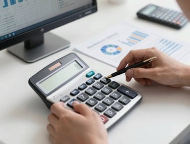 Hands of a professional accountant using a modern calculator and reviewing charts on a screen. The desk is clean and white. High contrast professional lighting.