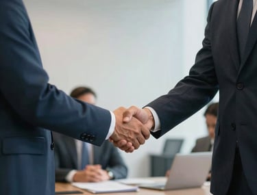Meeting in a professional office where two people in business attire are shaking hands. The atmosphere is collaborative and trustworthy. Latin American setting.