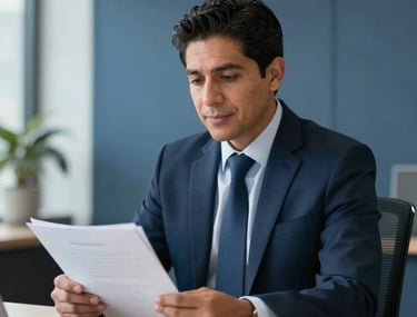 Professional photograph of a Latin American financial advisor in formal attire sitting in a modern office, explaining a document with a calm and confident expression. Tones of steel blue and deep navy in the background.