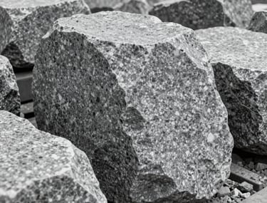 A detailed shot of high-quality North American granite boulders and raw stone at a Gayen Construction processing plant, emphasizing natural texture and industrial precision in a slate gray color palette.