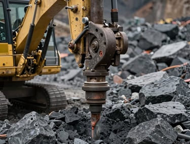 Close-up of a high-power industrial drill rig boring into dark gray stone at a North American extraction site.