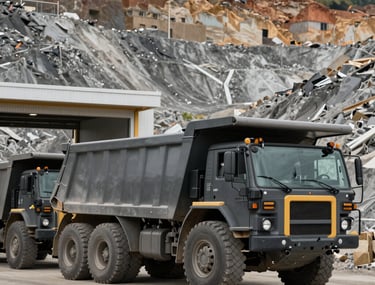 A line of industrial dump trucks in dark charcoal finish waiting to be loaded at a North American quarry entrance.