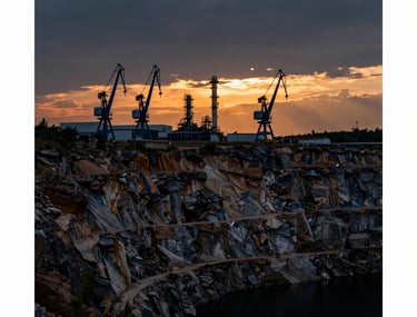 A cinematic sunset over a deep limestone quarry in the US, with the silhouettes of steel blue cranes and processing plants against a deep charcoal sky.