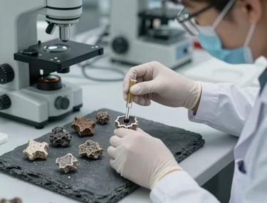 A lab technician in a slate gray industrial setting performing a density test on geological core samples.