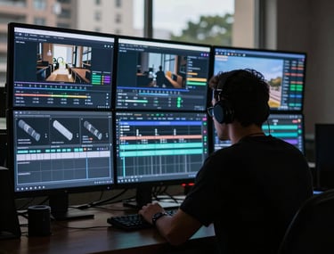 A silhouette of a film editor at work against a wall of glowing screens in a dark room. Brazilian architecture visible through a window in the background.