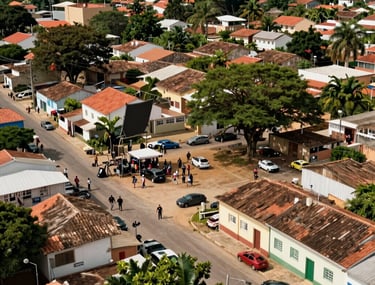 High-angle shot of a film set in a Brazilian town, capturing the scale of the production before the post-processing phase.