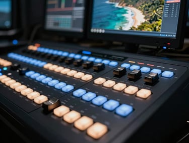 A close-up of a professional color grading control surface in a dark studio. The buttons glow with soft blue and sand light. Cinematic footage of a South American coastline is visible on a high-precision monitor in the blurred background.
