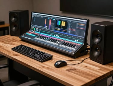 A cinematic shot of a modern editing station in a South American studio. Wood textures, warm lighting, and advanced hardware.