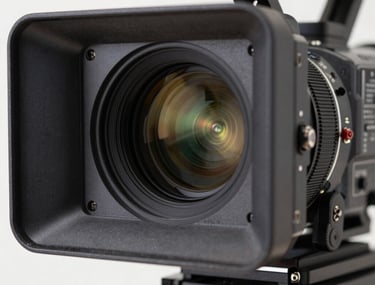 A close-up of a digital cinema camera sensor, reflecting professional studio lights. Clean, high-tech, and sharp.