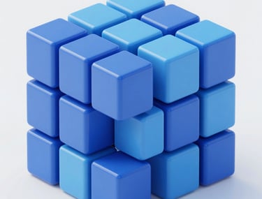 An abstract 3D render of data cubes stacked in a structured but dynamic way, using royal blue and sky blue. It represents infrastructure and solid foundation.