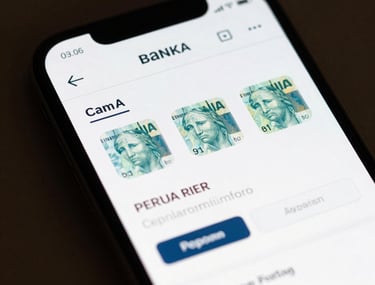 A close-up of a high-resolution smartphone screen showing a clean, modern digital bank interface with Brazilian real currency symbols. Soft studio lighting, focusing on the interface design.