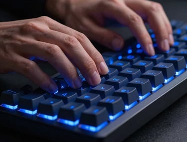 Close-up of a person's hands typing on a high-end mechanical keyboard. Atmospheric lighting with deep blue and royal blue glows from the backlighting.
