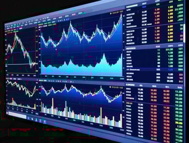 Photography of a large digital dashboard in a dark room, displaying real-time financial charts and graphs in royal blue and sky blue. High contrast, technical atmosphere.