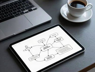 A sleek, top-down view of a designer's desk in a Brazilian tech hub. Includes a tablet with flowcharts and a modern cup of coffee. The lighting is cool and professional.
