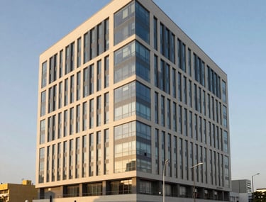 Professional architectural photography of a modern commercial office building in Abidjan, Riviera district. West African urban setting, ivory and slate blue building facade, soft golden hour lighting, sophisticated atmosphere.
