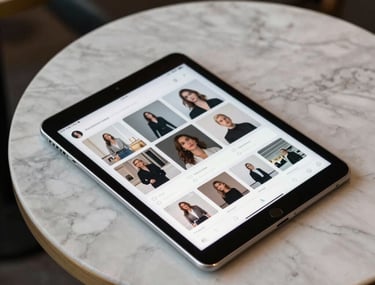 An iPad sitting on a marble table in a North American cafe, displaying a high-contrast social media feed designed with minimalist aesthetics.