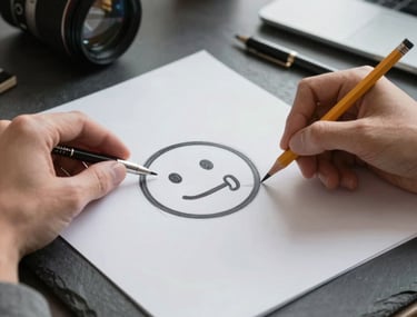 A designer's hand sketching a minimalist icon with a pencil on high-quality paper, surrounded by a modern slate-colored desk setup.