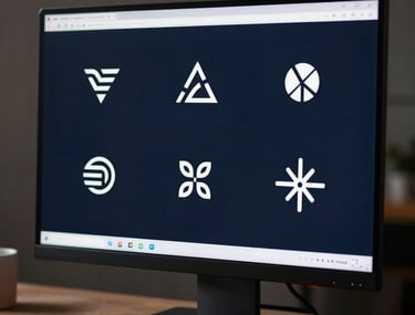 A sleek monitor showing a portfolio of minimalist logos against a dark navy background in a professional North American studio environment.