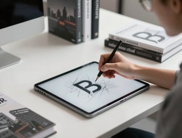 A sleek white workspace with a designer sketching a logo on a tablet, surrounded by high-end design books in a North American urban office.