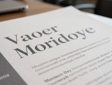 A detailed macro shot of a high-quality printed brand guide on thick paper, showcasing elegant typography and a sophisticated off-white and slate gray color scheme, set in a professional North American design office.