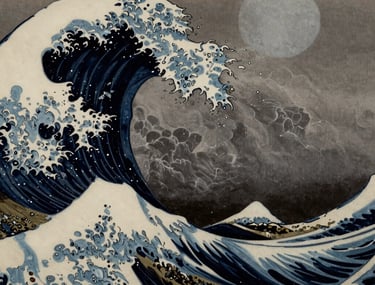 Dramatic photography of stormy ocean waves inspired by Japanese woodblock prints, but in realistic, muted charcoal and silver tones. Deep contrast.