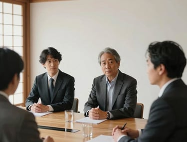 Portrait photography of a modern, professional meeting in a minimalist space with Japanese wooden elements. Natural lighting, charcoal and off white palette. Hispanic / Japanese-inspired atmosphere.