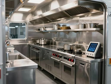 Modern stainless steel professional kitchen interior of a high-end food trailer, clean prep counters, modern cooking appliances, smart compact layout, expert craftsmanship.