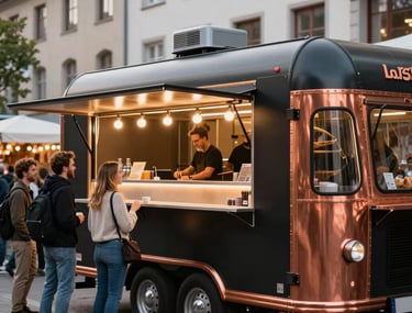 A premium customized food trailer parked at a lively urban street food market in Germany, matte black and terracotta copper finish, warm lights glowing from inside, happy customers waiting, daytime photo.