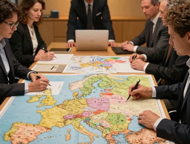 A dynamic professional business meeting in a warm-toned office in Germany, maps of Central Europe laid out on a table, people collaborating under warm ambient light.