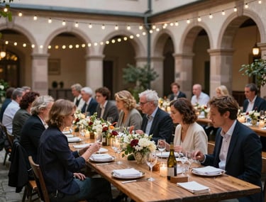 An elegant outdoor catering event in a historic German courtyard, beautifully decorated long wooden tables under soft warm string lights, guests enjoying dining, high-end atmosphere.