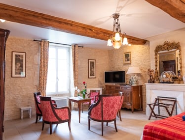 Salon ensoleillé maison avec pierres apparentes