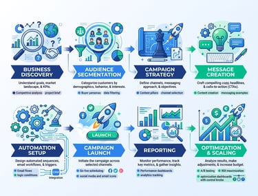 Infographic outlining an eight-step digital marketing strategy from discovery to optimization.