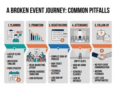 Infographic of common event marketing challenges from planning through follow-up.