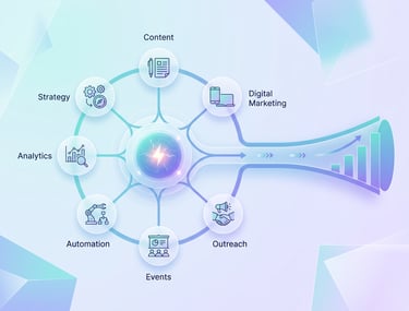 Demand generation engine infographic showing integrated marketing channels driving revenue growth.