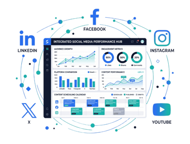 Integrated social media performance hub dashboard showing analytics and content scheduling for major platforms.