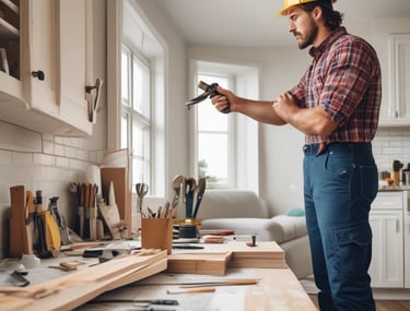 A modern, single-story house with clean lines and a contemporary design. The facade features large windows and a wooden double door entry. The house is accented by stone details and illuminated by exterior lighting. The sky is a deep, twilight blue with hints of purple. A well-manicured lawn and a 'For Sale' sign are visible in the foreground.